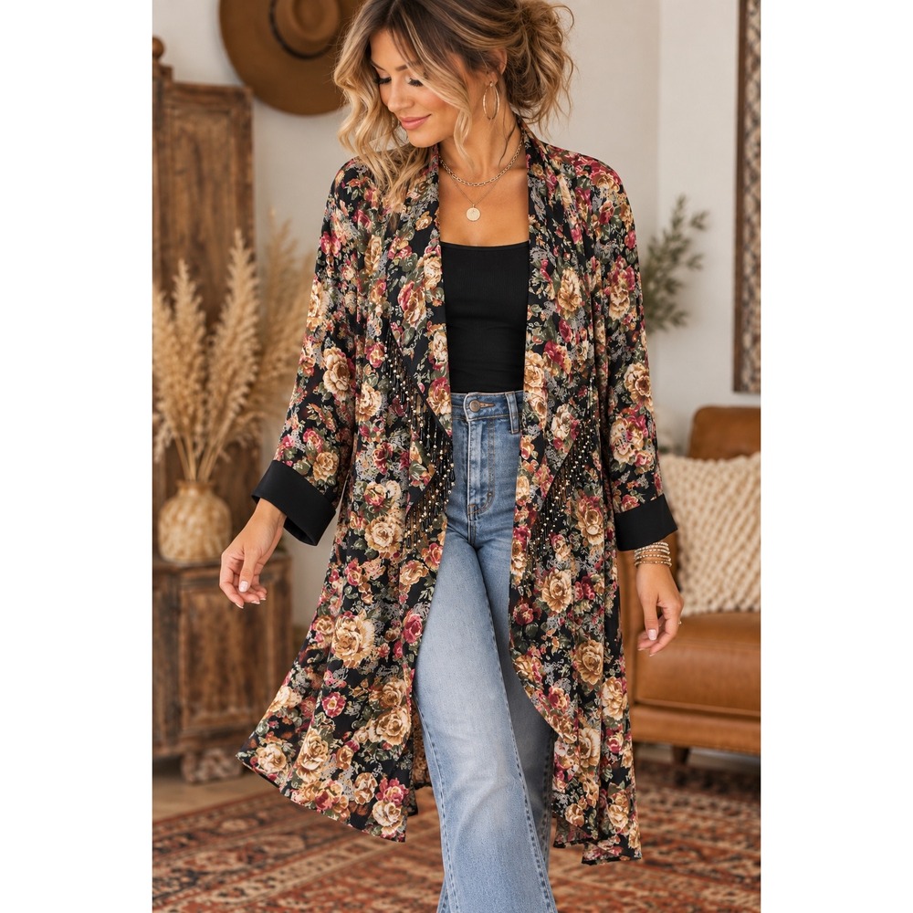 Asriel USA Vintage Floral Kimono Duster Beaded Fringe Open Front Cardigan Large